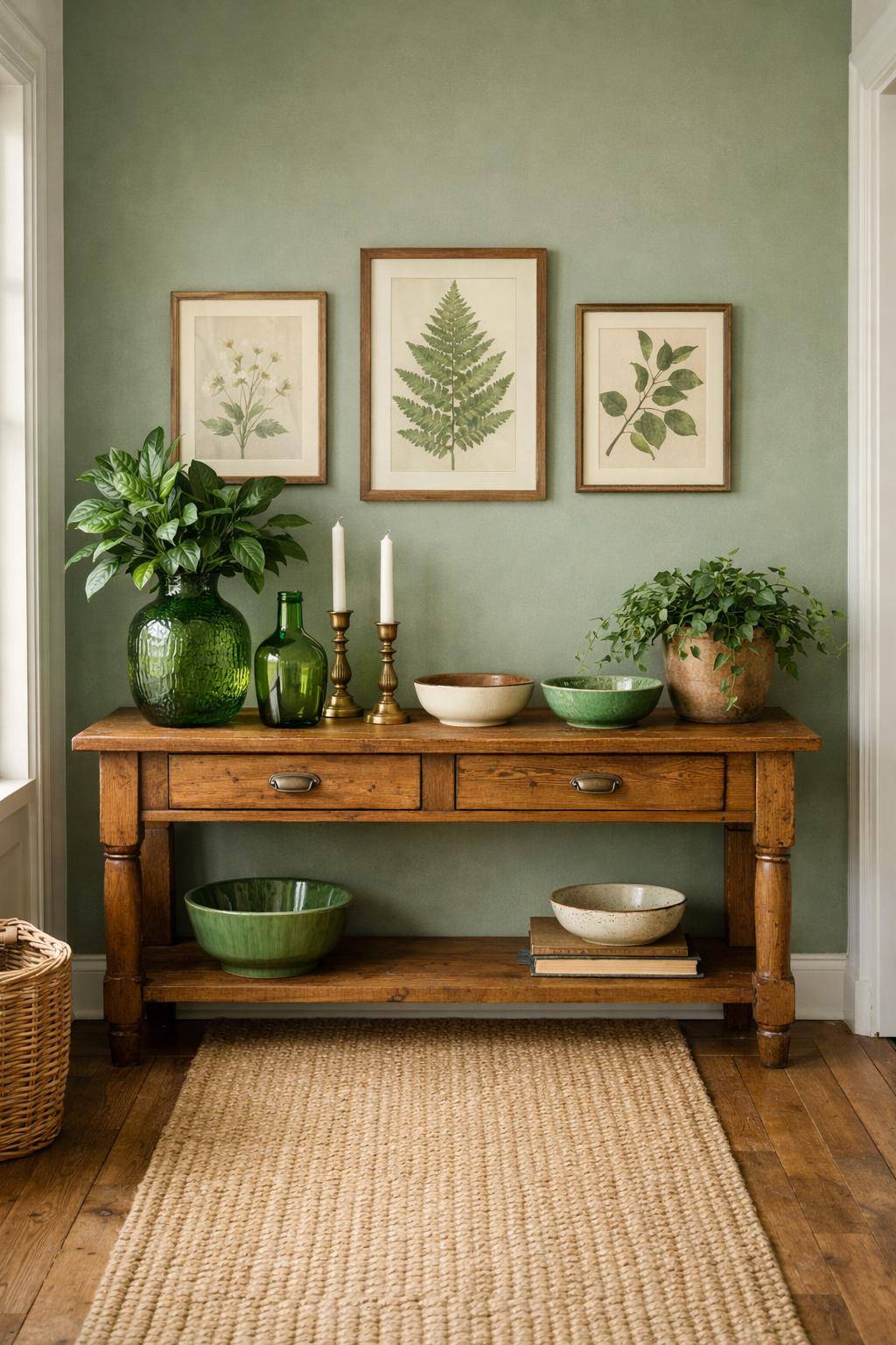 Flur in Grün gestalten- Präsentiere grüne Vintage-Accessoires auf einer Konsole