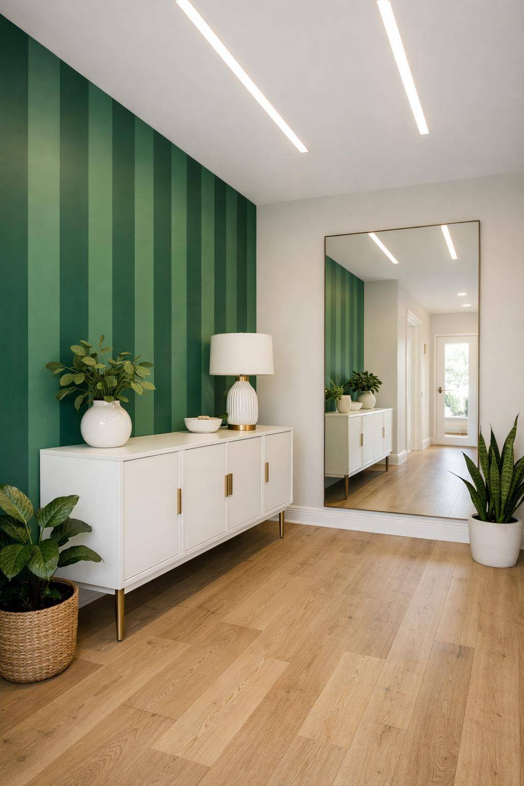 Flur in Grün gestalten- Richte eine grüne Akzentwand mit Streifen ein