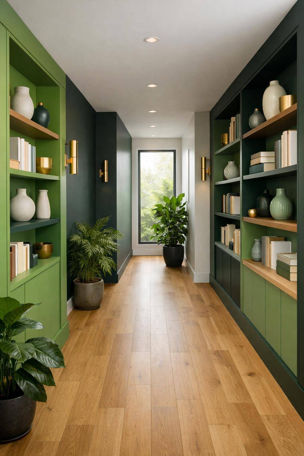 Flur in Grün gestalten- Style Regalbretter in kräftigen Grünnuancen