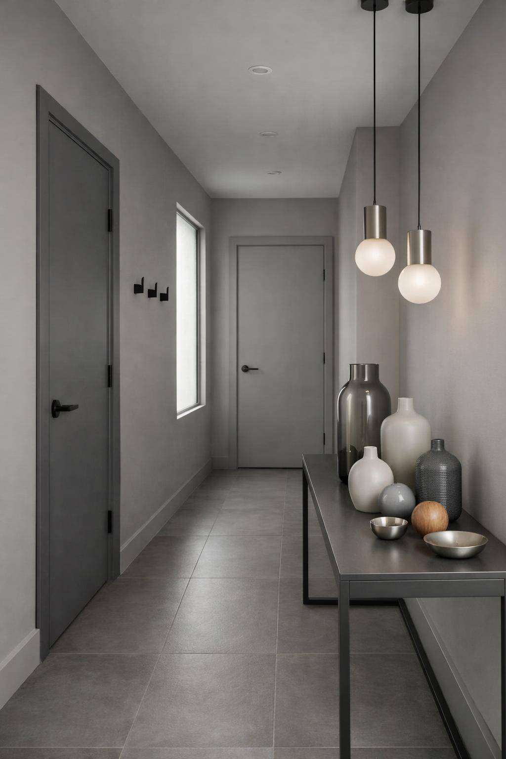 Flur in Grau gestalten- Arrangiere Vasen und Deko-Objekte Ton-in-Ton
