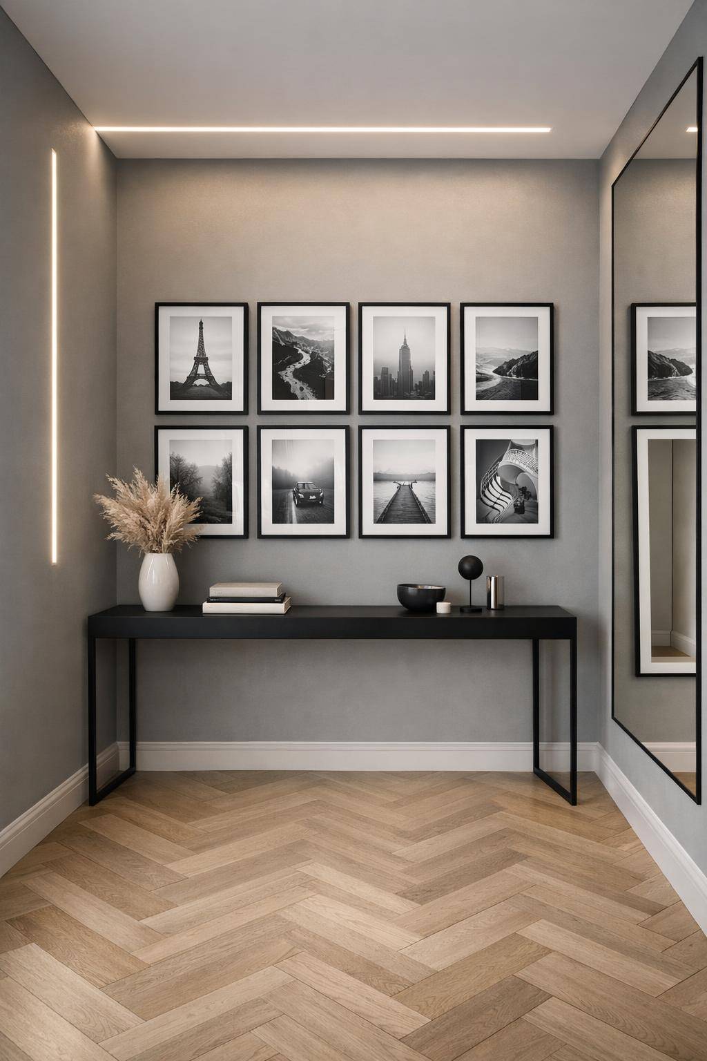 Flur in Grau gestalten- Dekoriere mit schwarz-weißen Fotogalerien