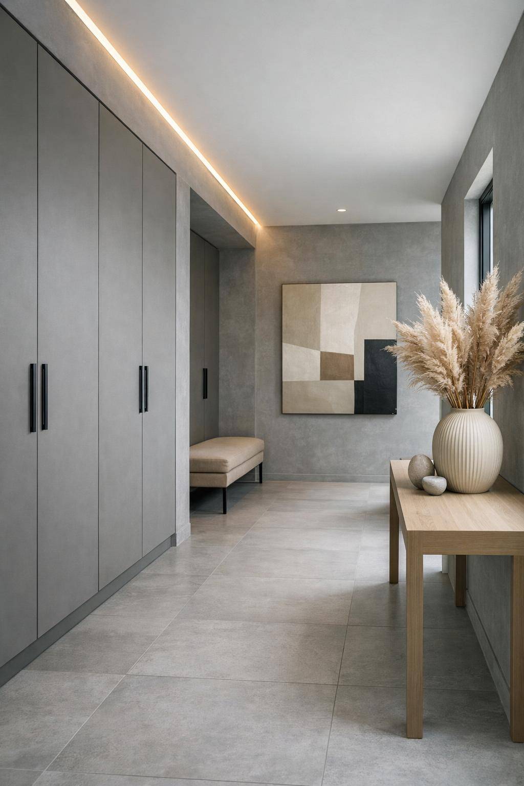 Flur in Grau gestalten- Ersetze Griffe durch matte Metallic-Akzente