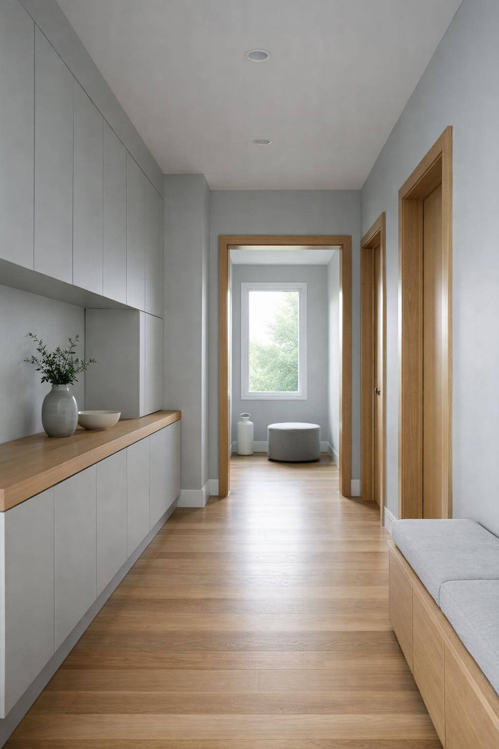 Flur in Grau gestalten- Kombiniere graue Wände mit Holzdetails