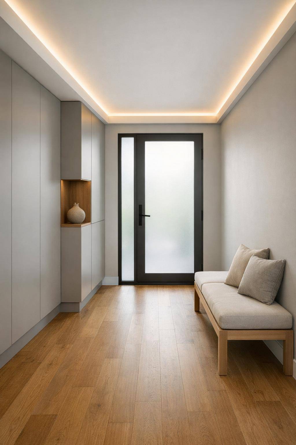 Flur in Grau gestalten- Nutze indirekte LED-Beleuchtung für Gemütlichkeit