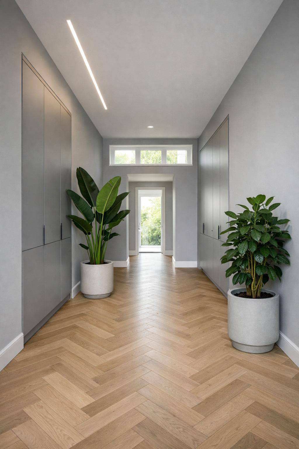 Flur in Grau gestalten- Platziere Pflanzen als frische Farbtupfer