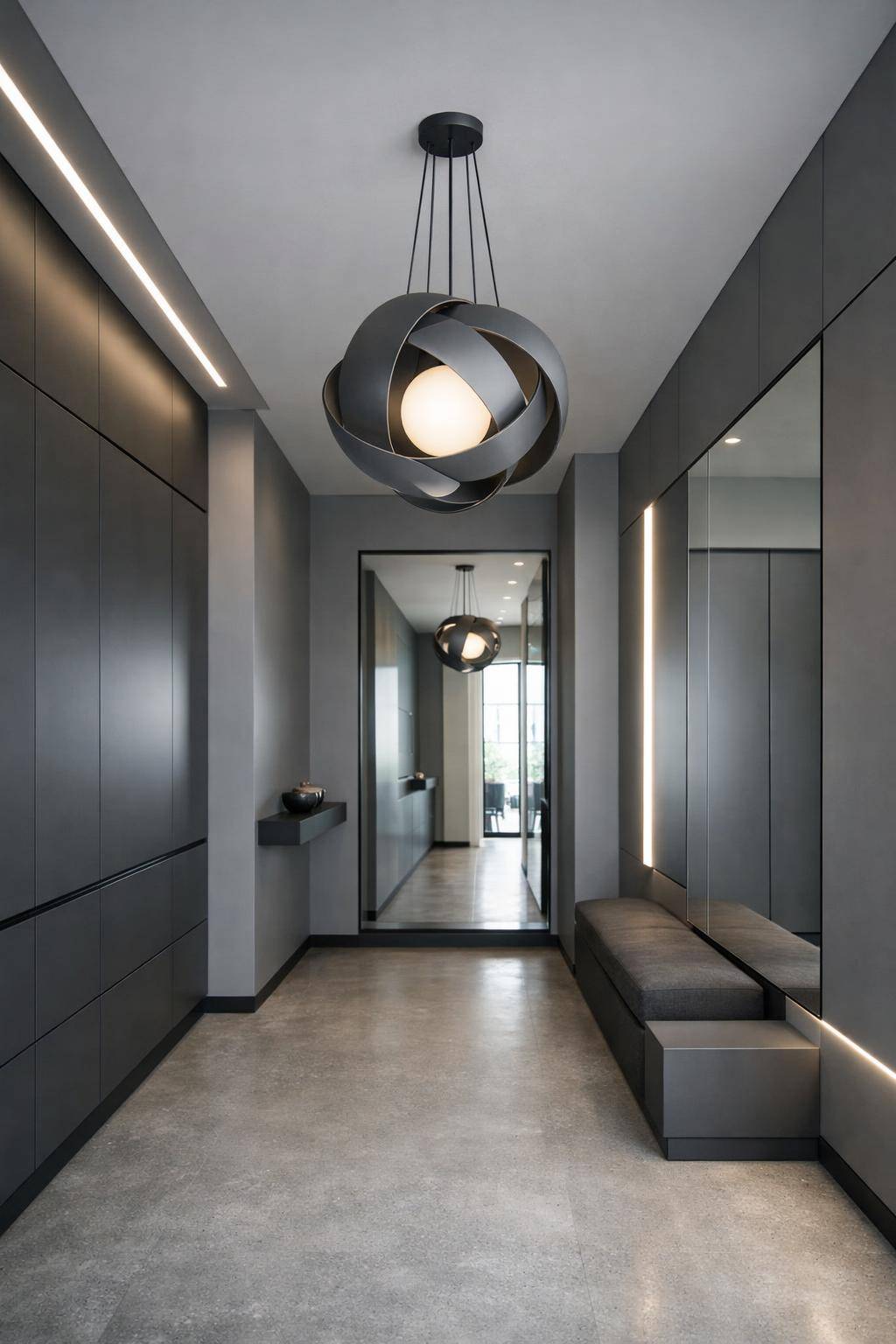 Flur in Grau gestalten- Präsentiere Statement-Leuchten für Designakzente