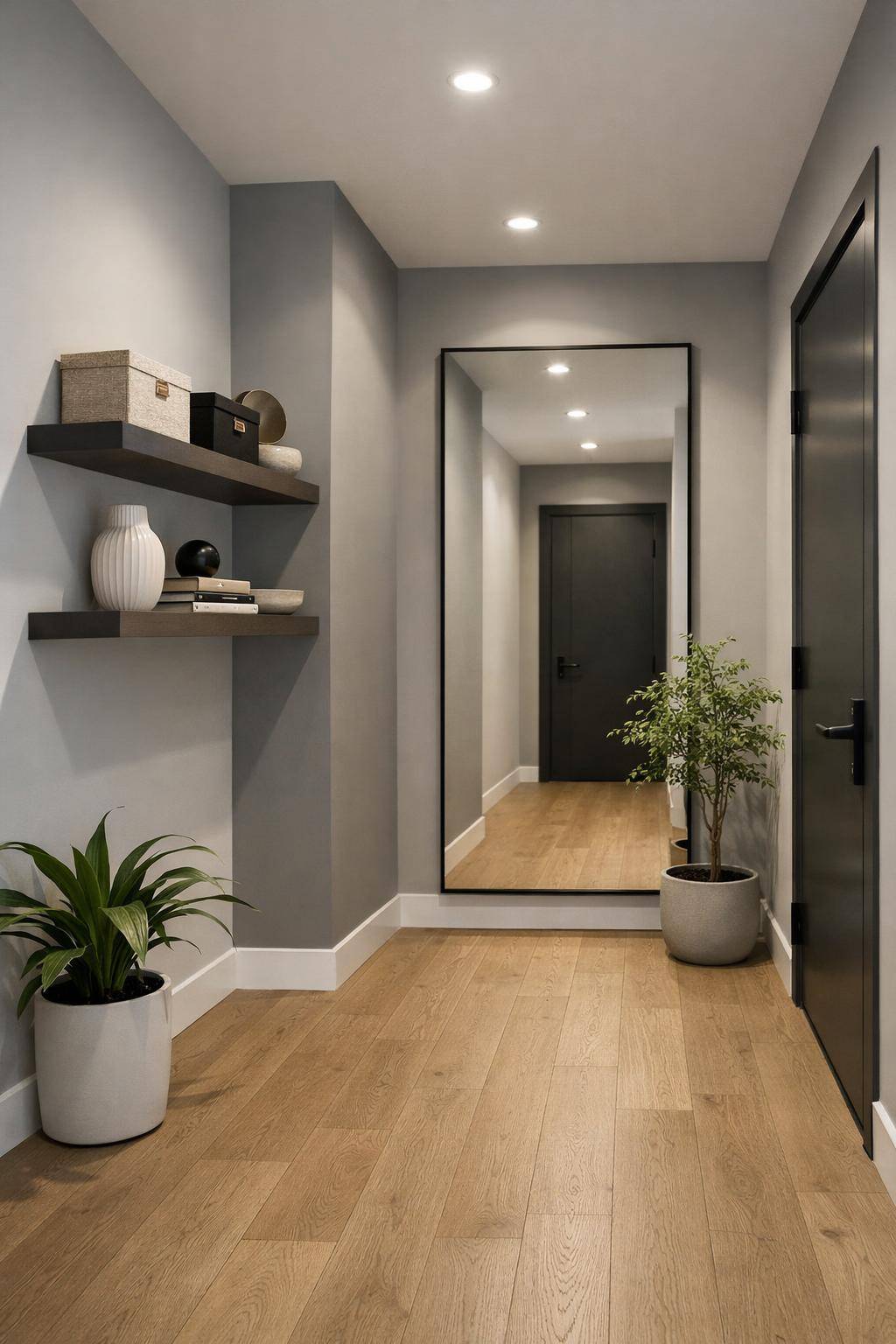 Flur in Grau gestalten- Setze Wandregale als Stauraum in Szene