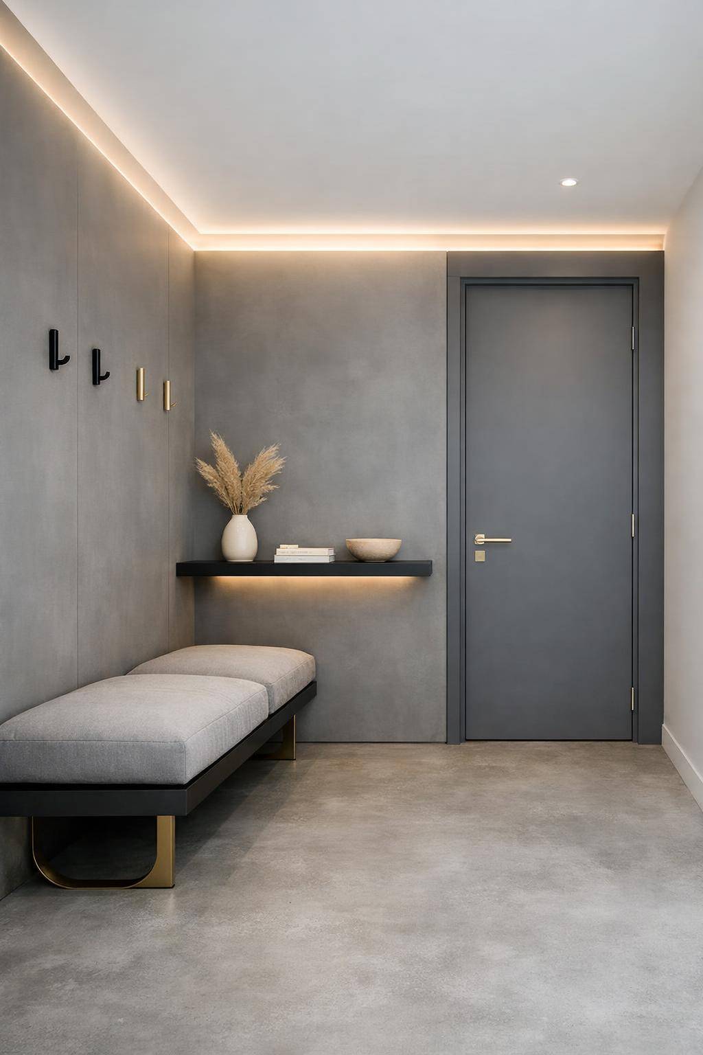 Flur in Grau gestalten- Style Sitzbänke mit grauen Kissen