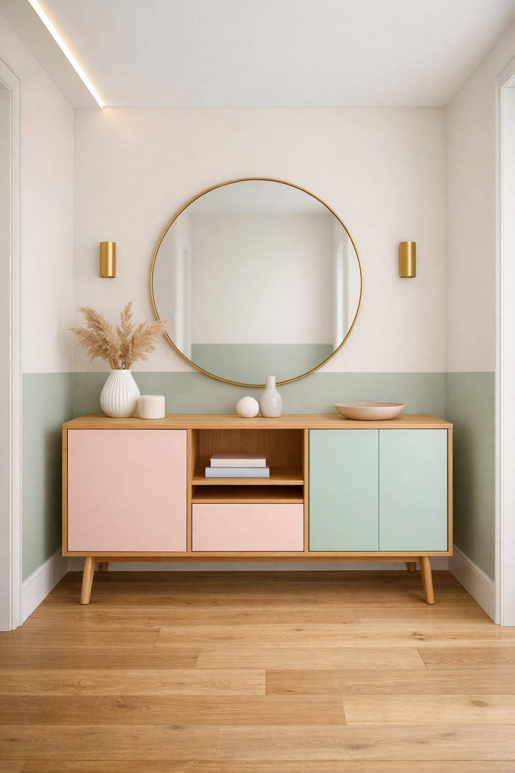 Flur in Pastelltönen-Setze ein pastellfarbenes Sideboard ein