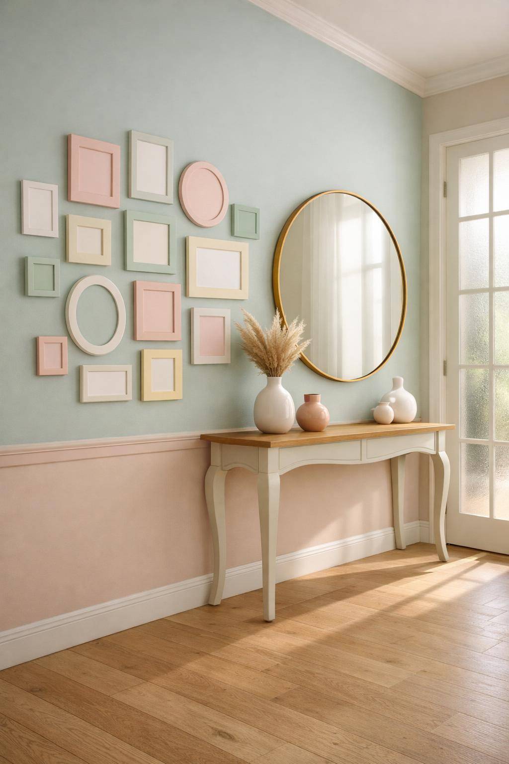 Flur in Pastelltönen- Arrangiere pastellgefärbte Bilderrahmen kreativ