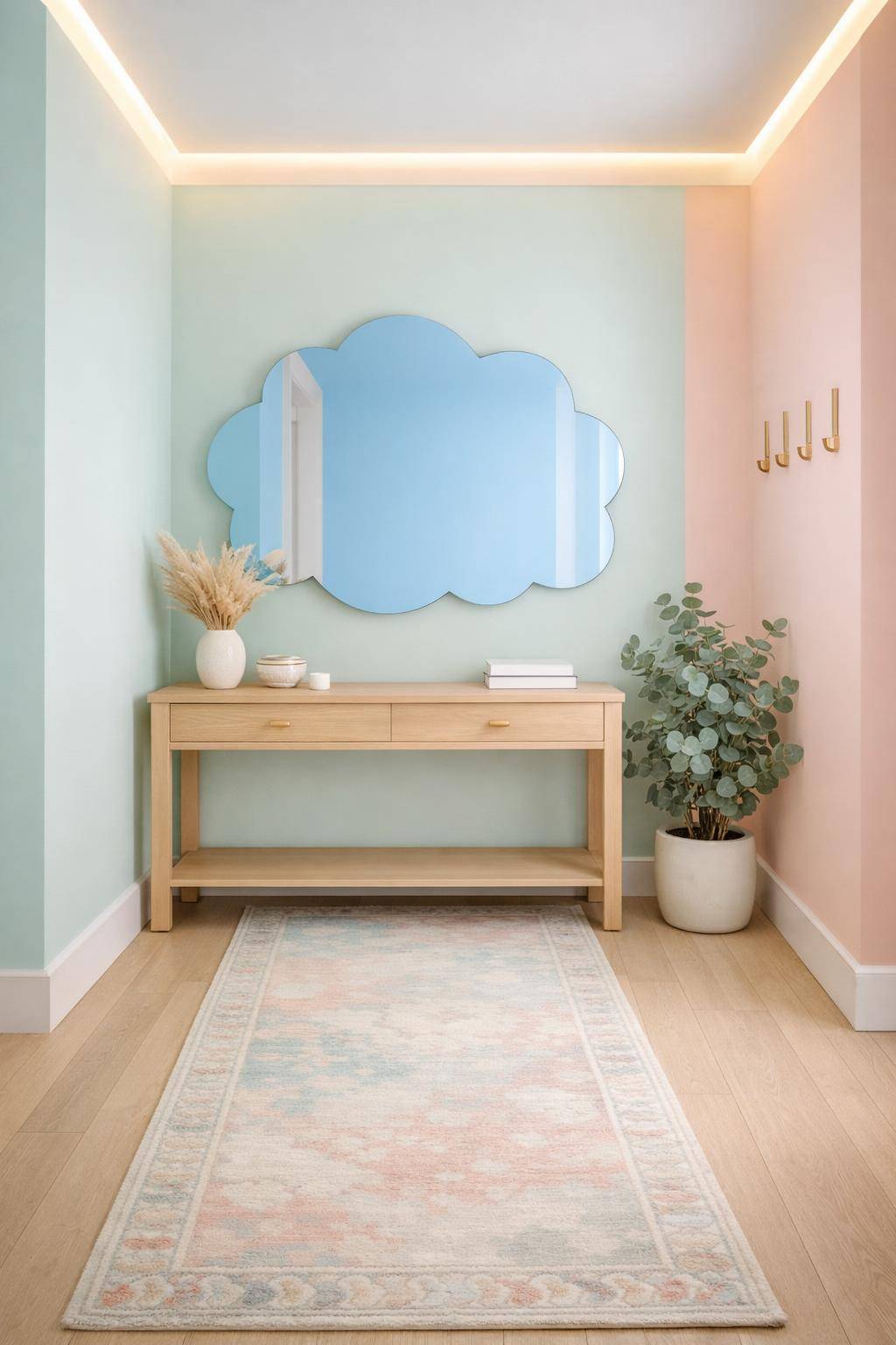 Flur in Pastelltönen- Bringe einen himmelblauen Wandspiegel an