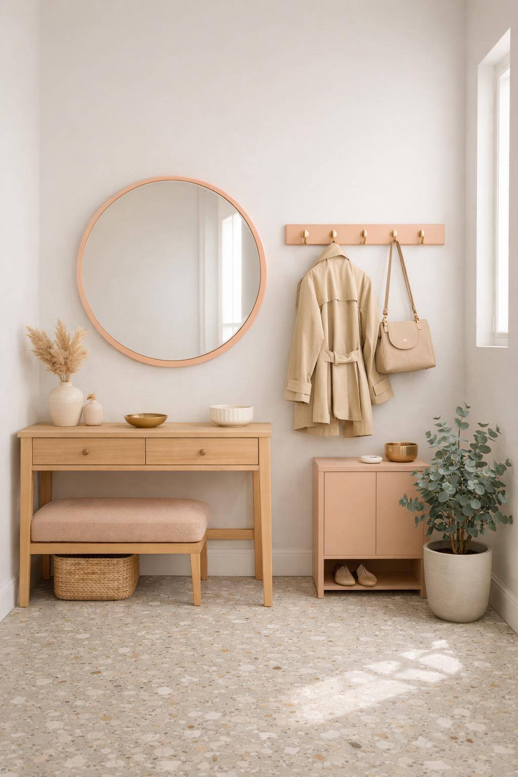 Flur in Pastelltönen- Dekoriere mit Pfirsichtönen bei kleinen Flurmöbeln