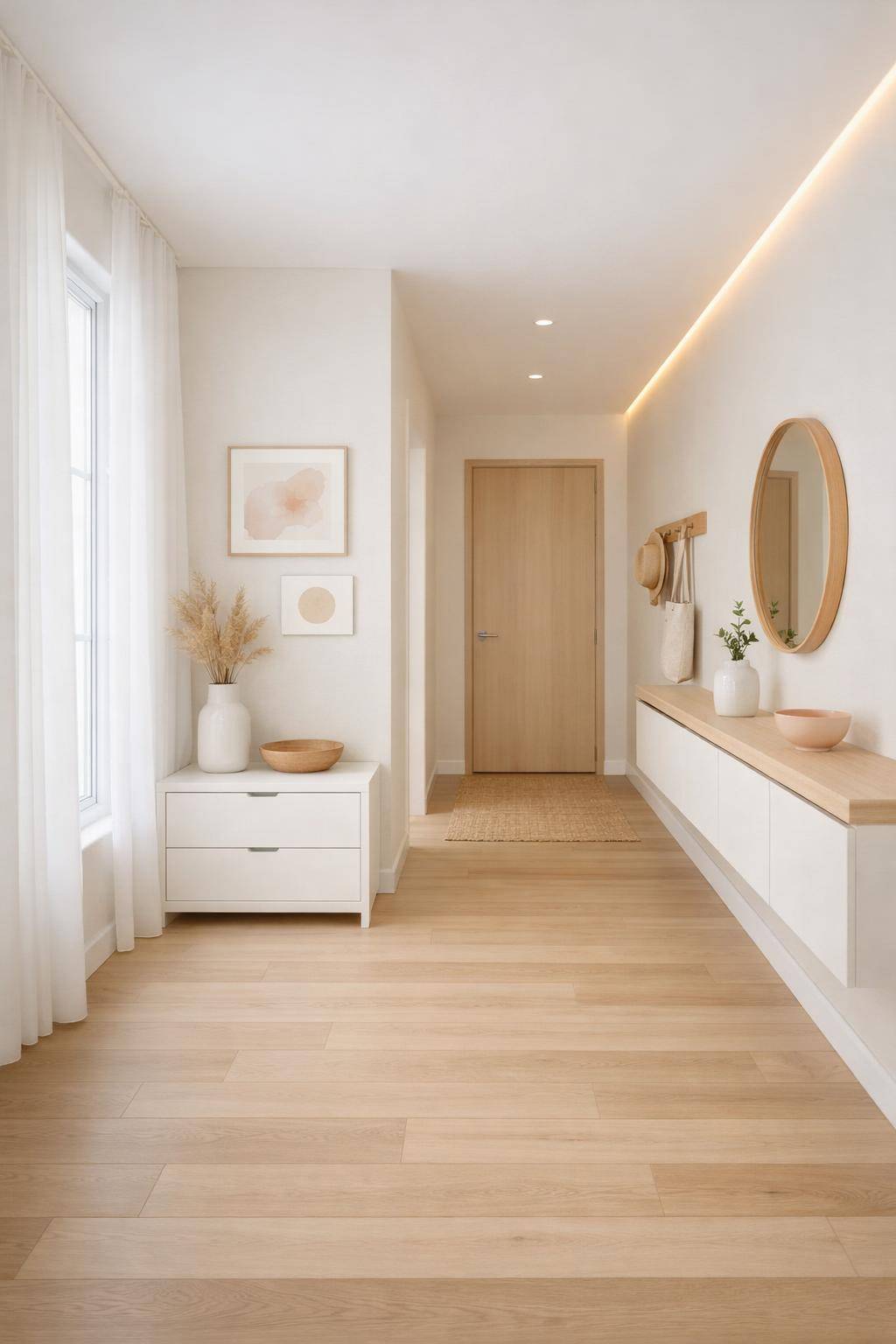 Flur in Pastelltönen- Erweitere den Look mit hellen Gardinen