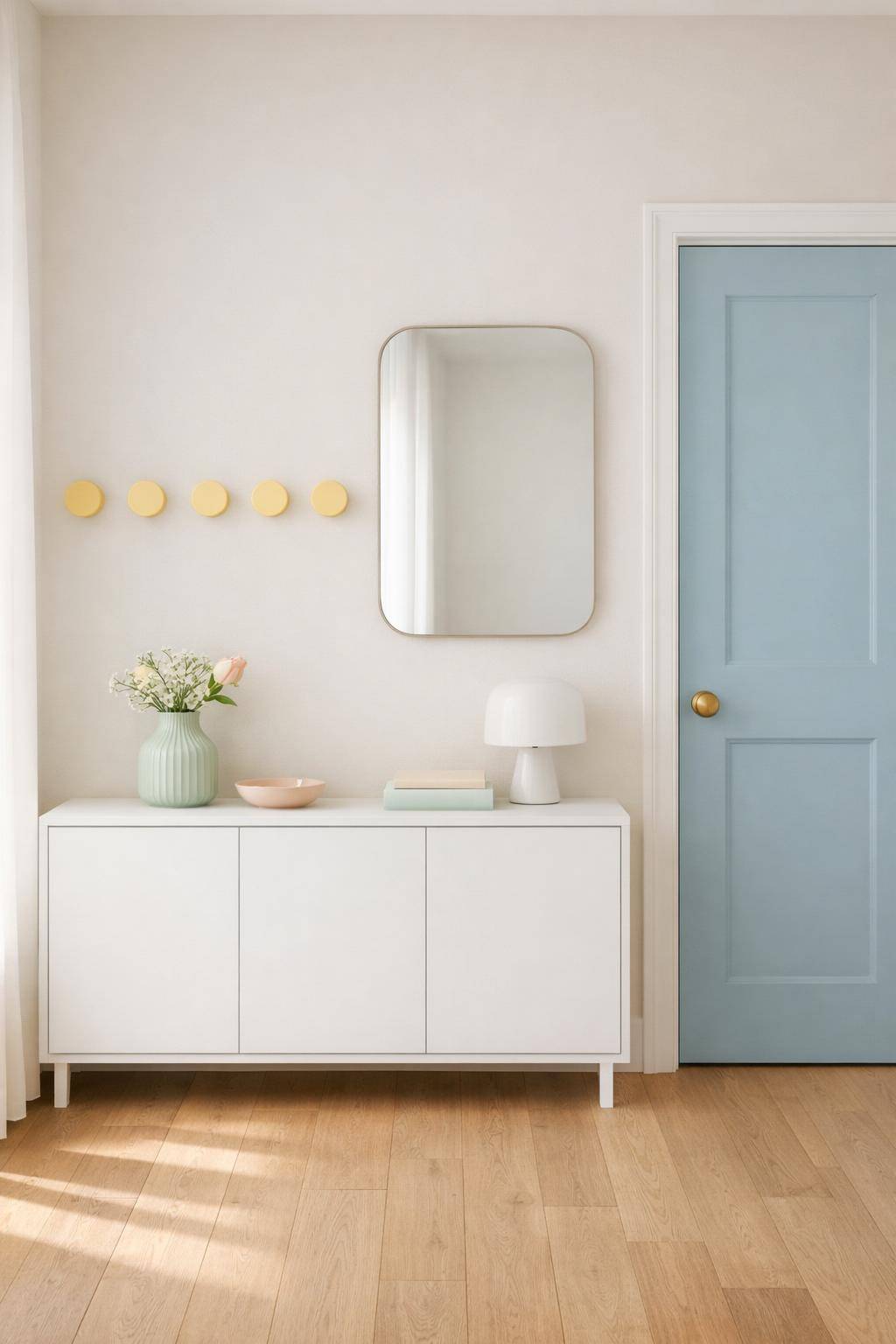 Flur in Pastelltönen- Experimentiere mit gelb-pastelligen Garderobenhaken