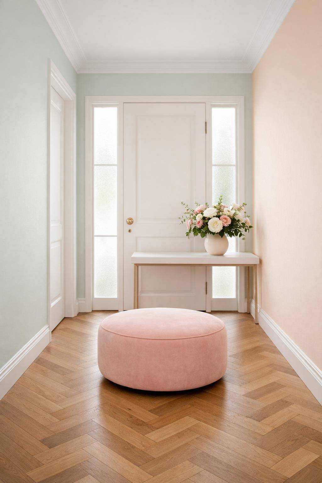 Flur in Pastelltönen- Kombiniere rosa Sitzwürfel mit frischen Blumen
