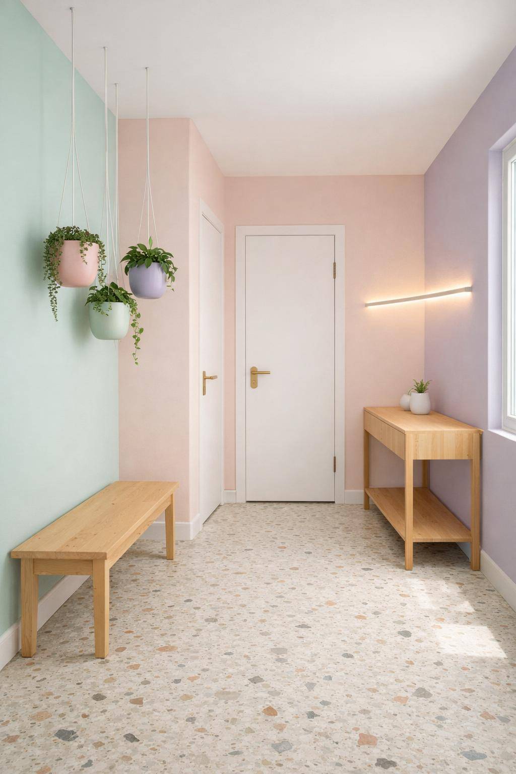 Flur in Pastelltönen- Platziere hängende Pflanzen in sanften Töpfen