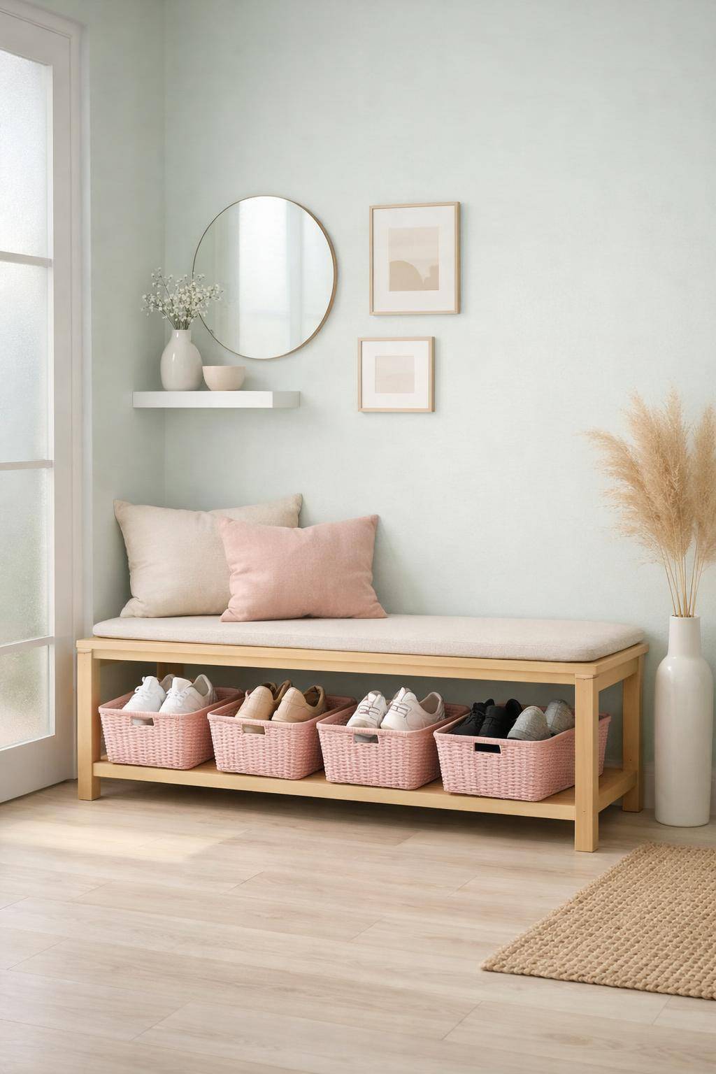 Flur in Pastelltönen- Präsentiere deine Schuhe in puderrosa Körben