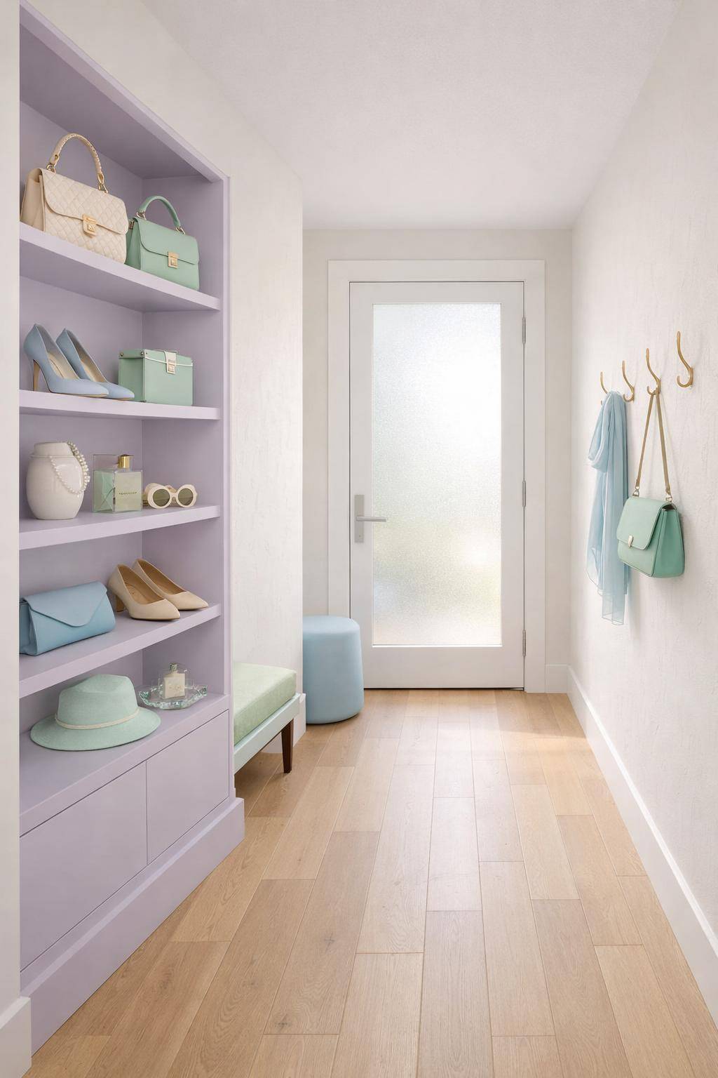 Flur in Pastelltönen- Stelle lavendelfarbene Regale für Accessoires auf