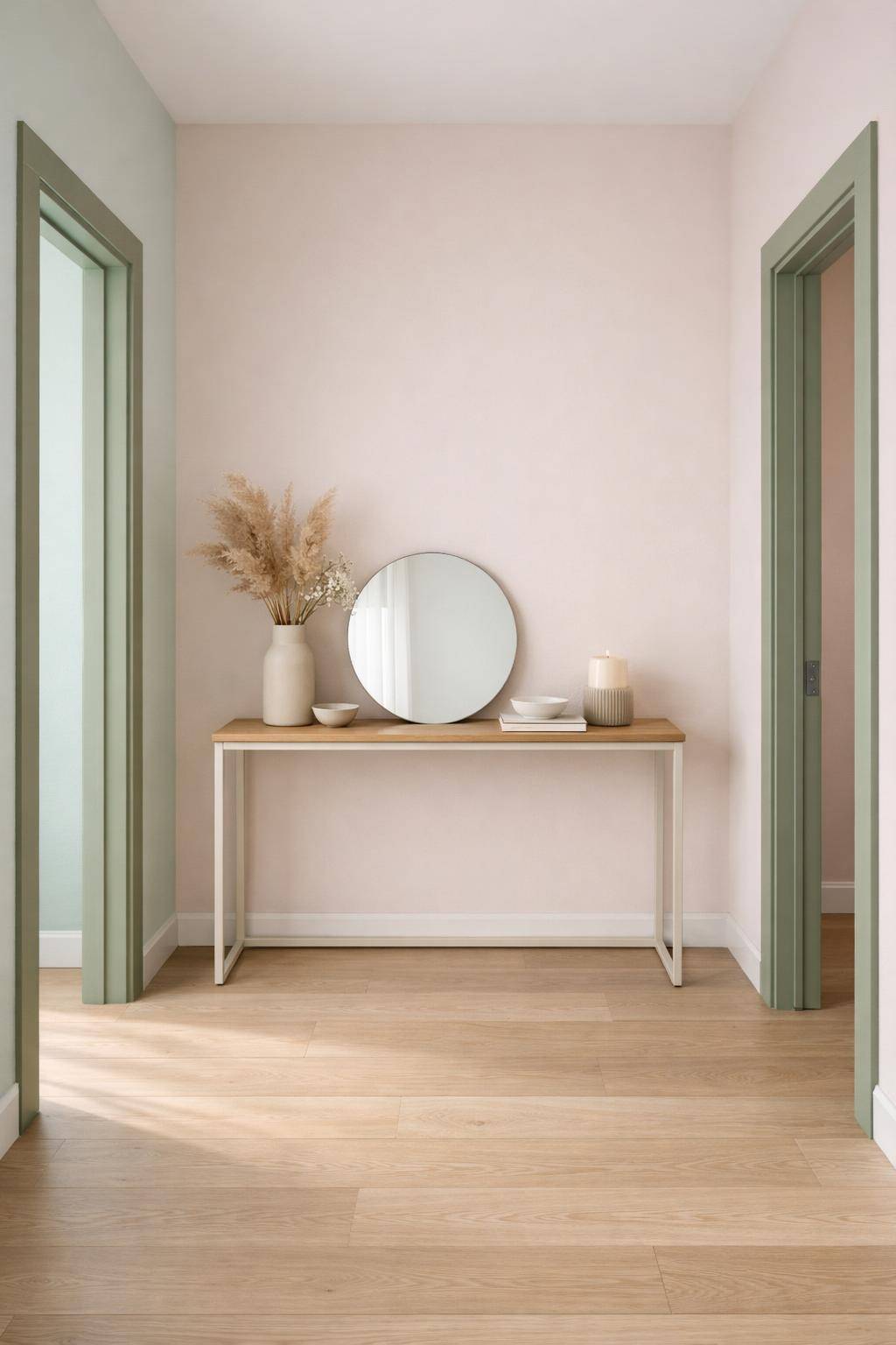 Flur in Pastelltönen- Streiche die Türrahmen in Salbeigrün