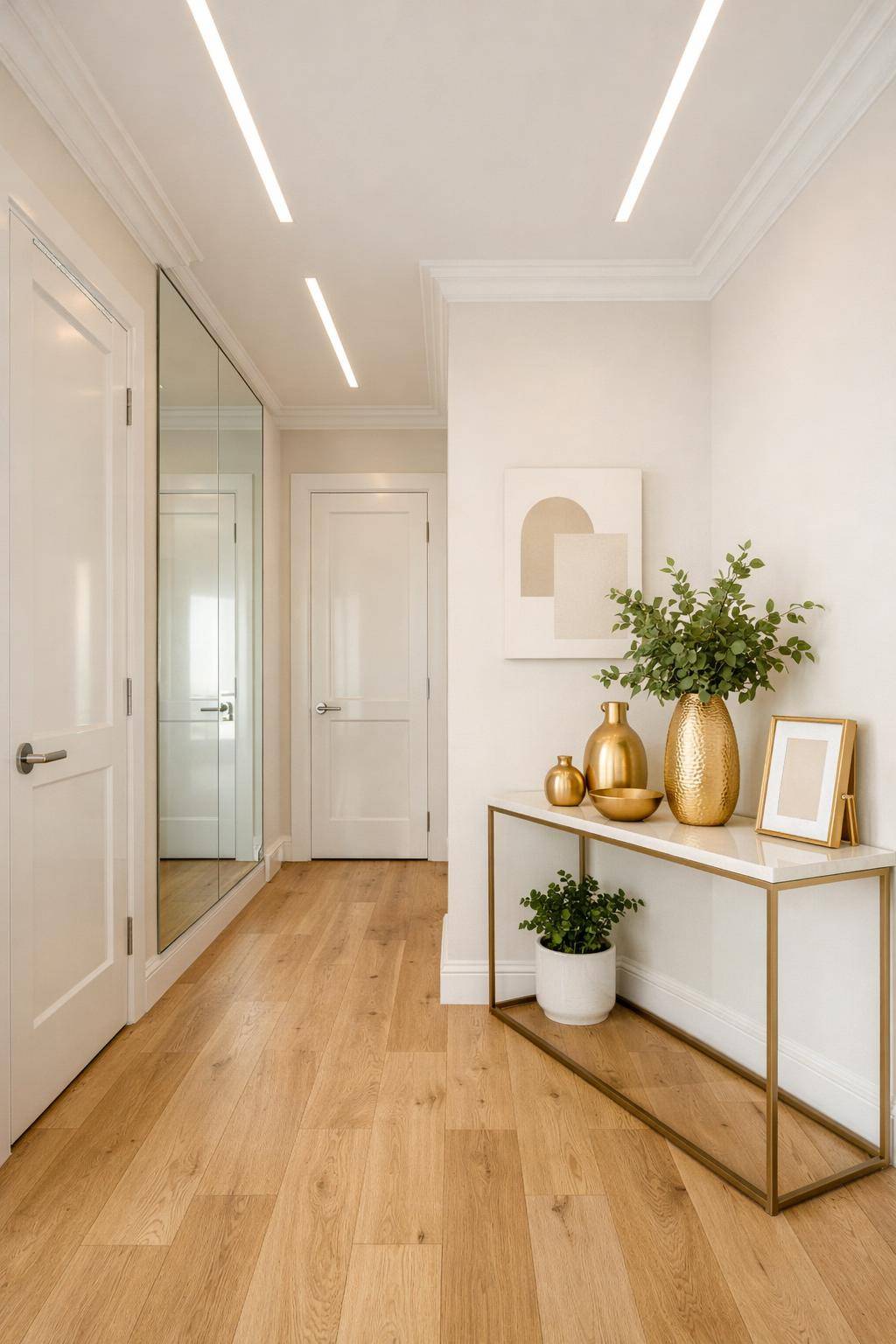 Flur in hellen Farben gestalten- Ordne goldene Accessoires als Hingucker an