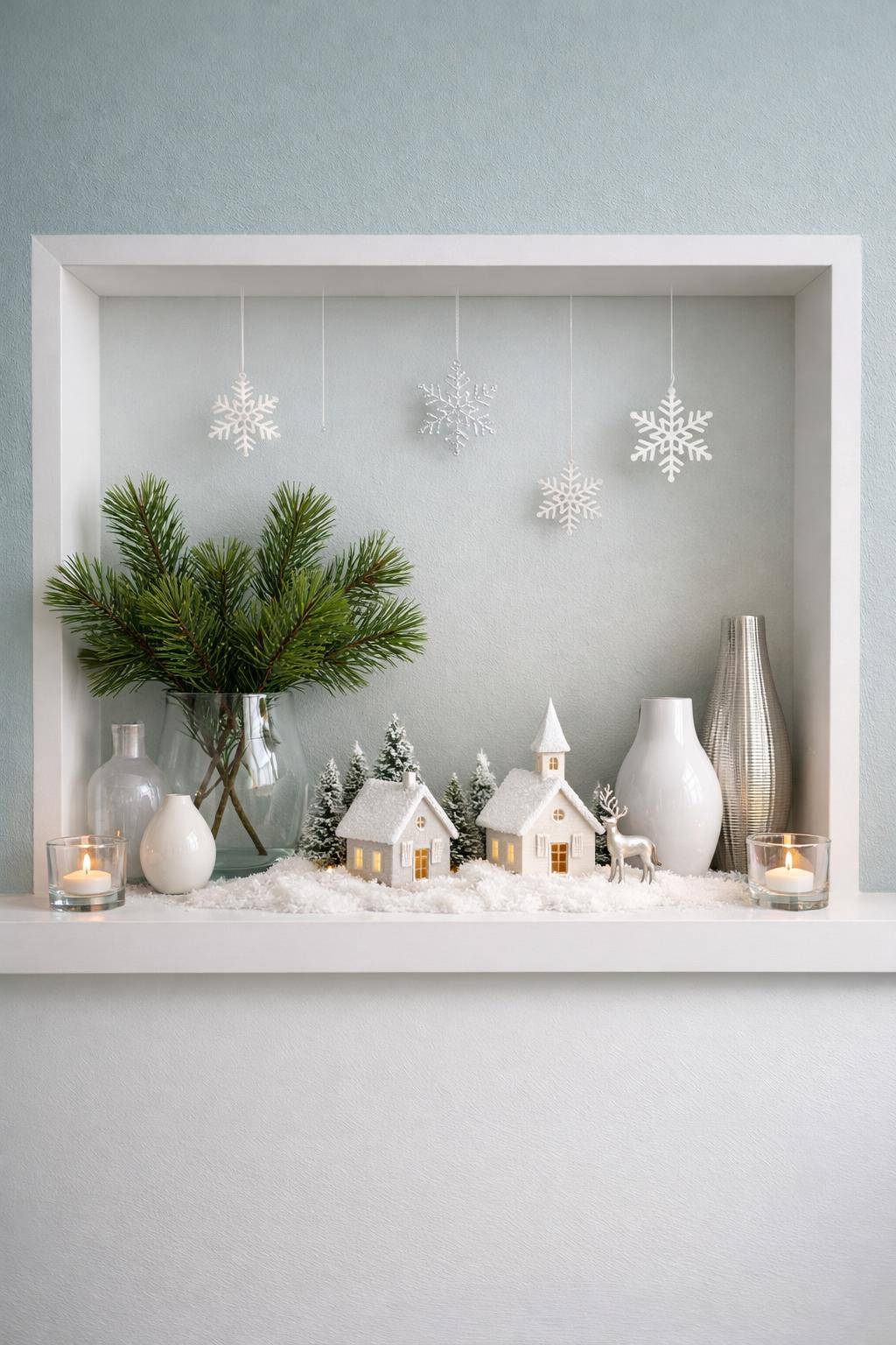 Flur winterlich dekorieren- Gestalte eine kleine Winterausstellung auf einem Regal