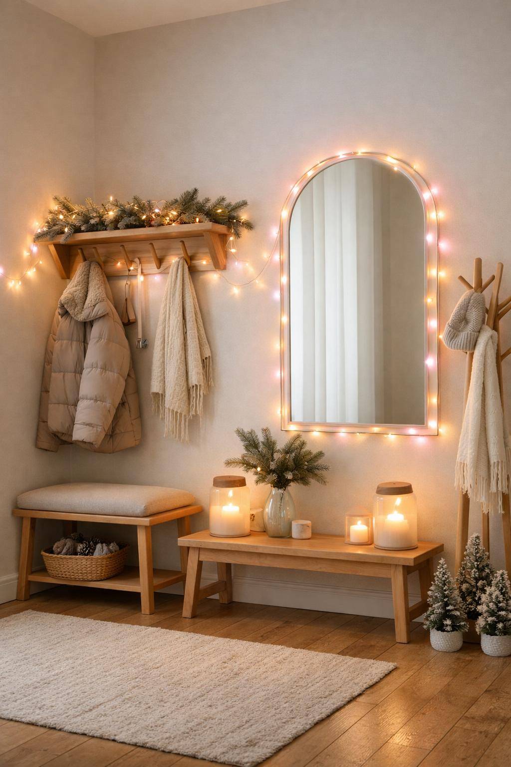 Flur winterlich dekorieren- Hänge Lichterketten in sanften Farben auf