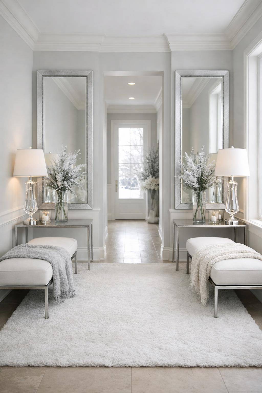 Flur winterlich dekorieren- Integriere elegante Spiegel für mehr Helligkeit