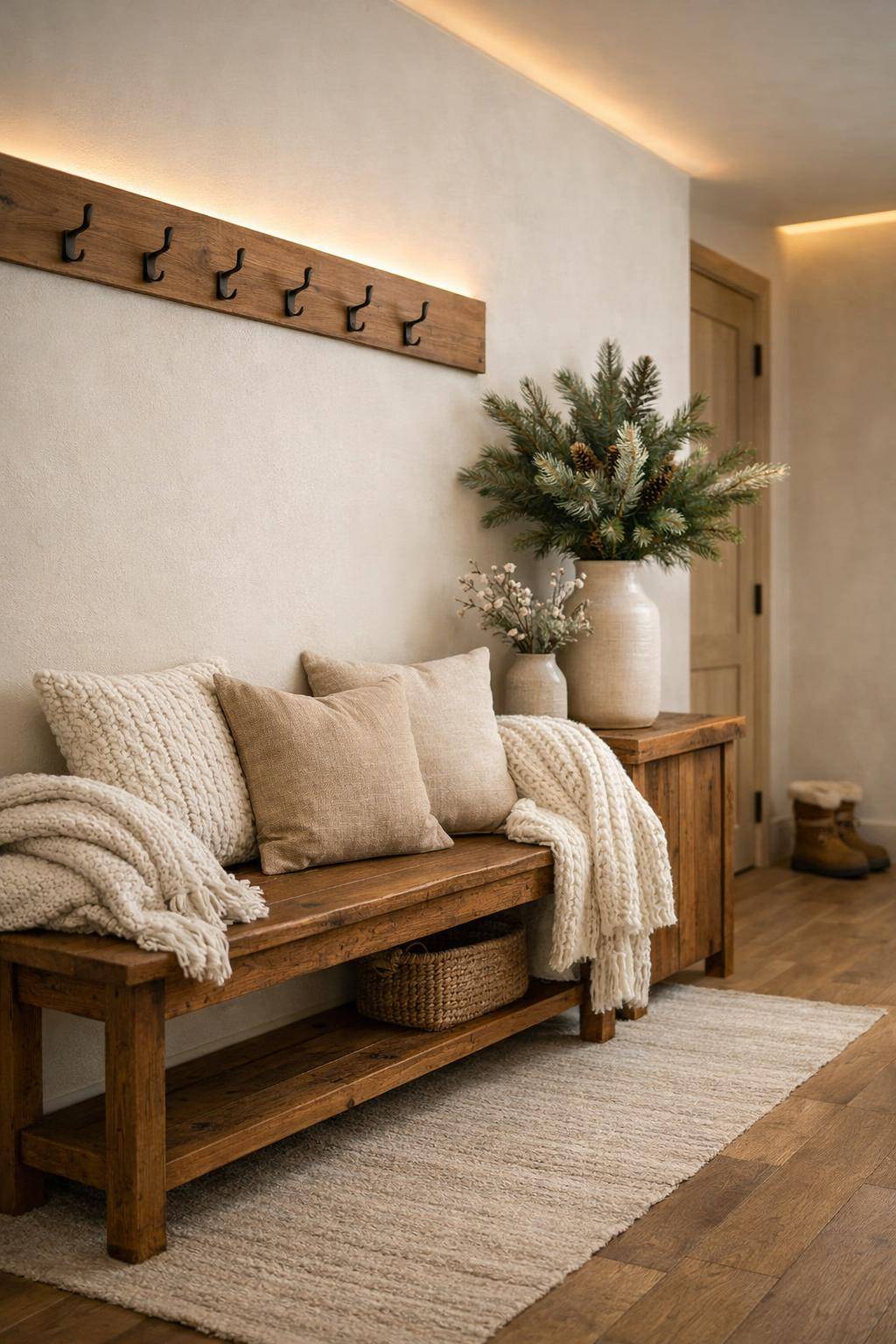 Flur winterlich dekorieren- Mische warme Kissen auf Sitzbänken ein
