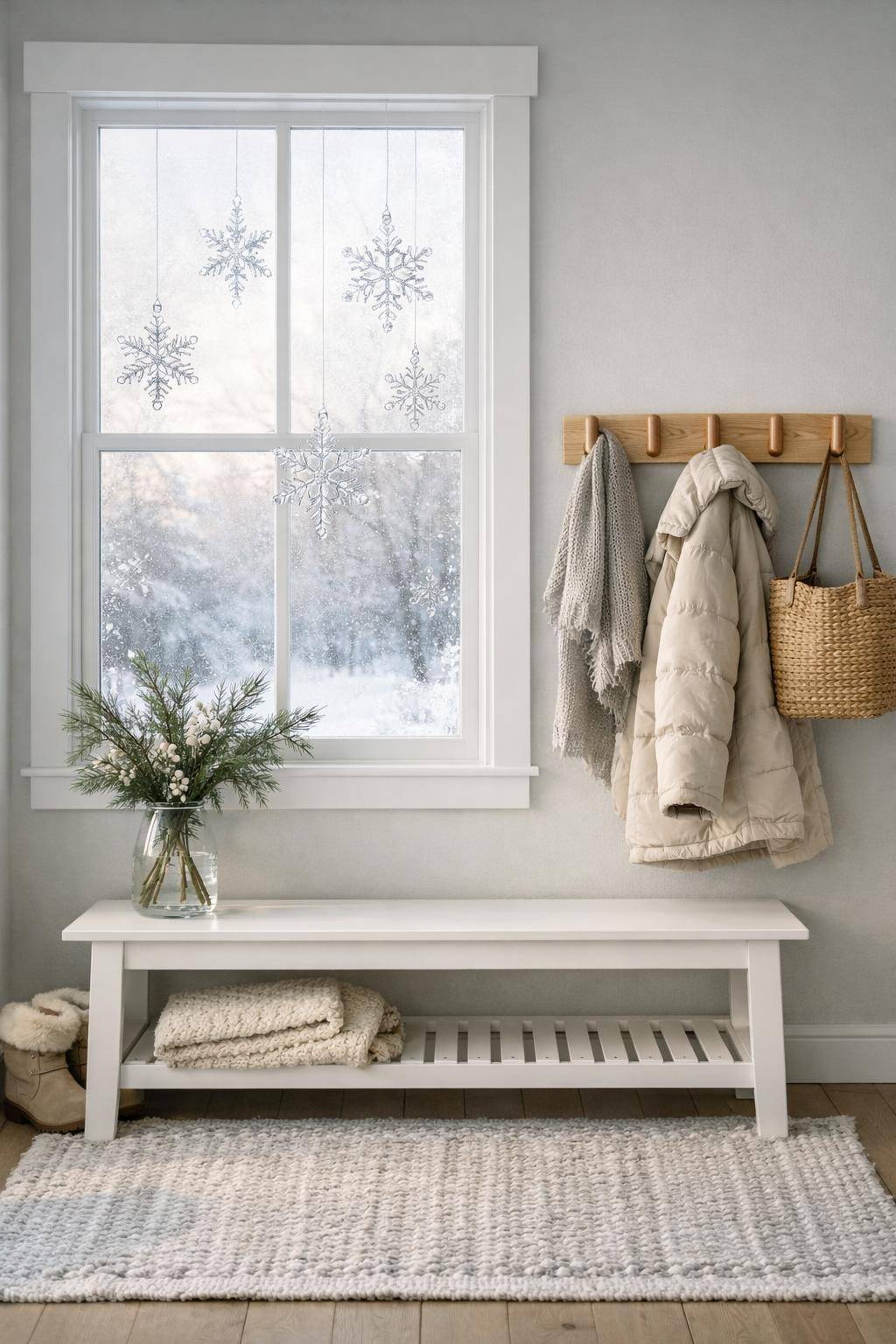 Flur winterlich dekorieren- Nutze dekorative Eiskristall-Anhänger am Fenster