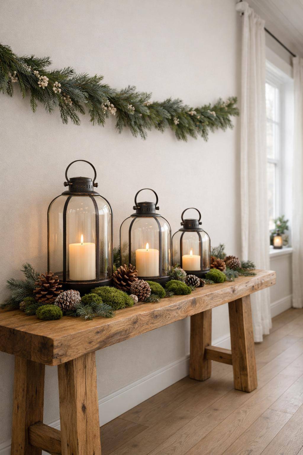 Flur winterlich dekorieren- Platziere Windlichter mit Tannenzapfen und Moos