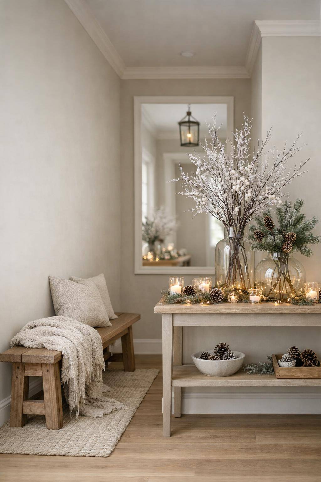 Flur winterlich dekorieren- Präsentiere Zweige in winterlich verzierten Vasen