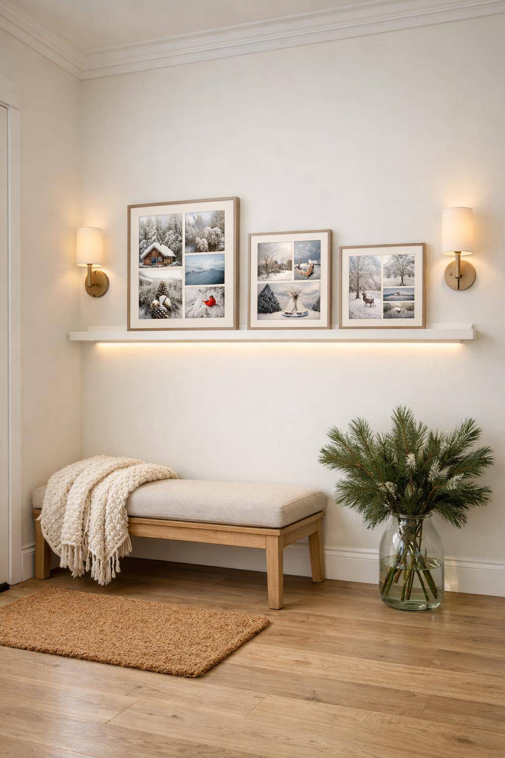 Flur winterlich dekorieren- Präsentiere saisonale Fotocollagen auf einer Bilderleiste