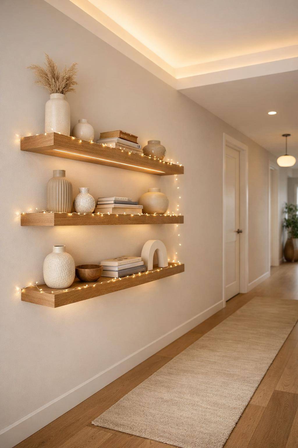 Flurbeleuchtung Ideen- Bestücke Wandregale mit kleinen Lichterketten