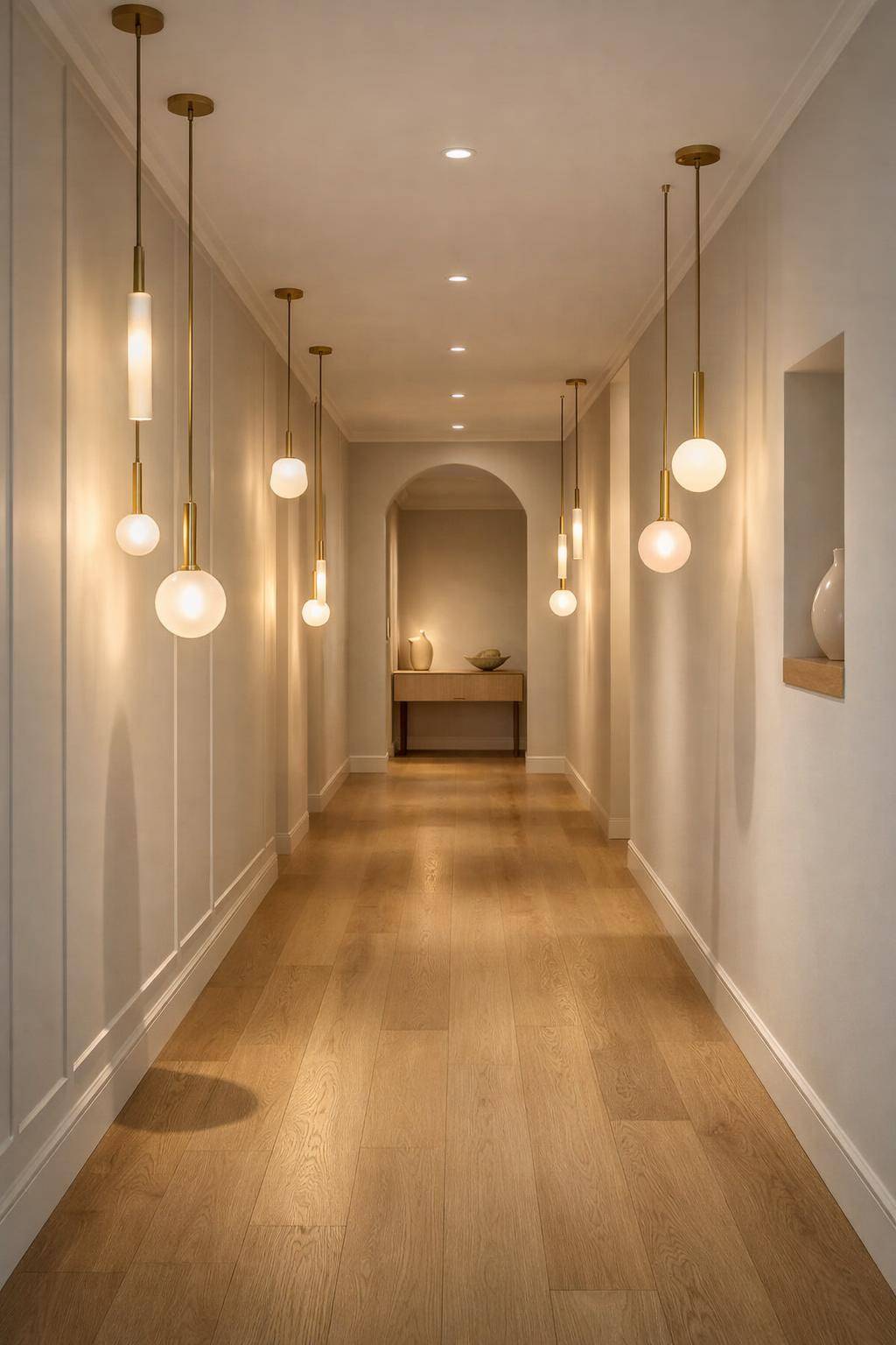 Flurbeleuchtung Ideen- Hänge filigrane Wandleuchten an unterschiedlichen Höhen auf