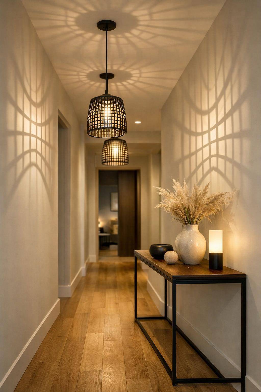 Flurbeleuchtung Ideen- Spiele mit Licht und Schatten durch Gitterlampen