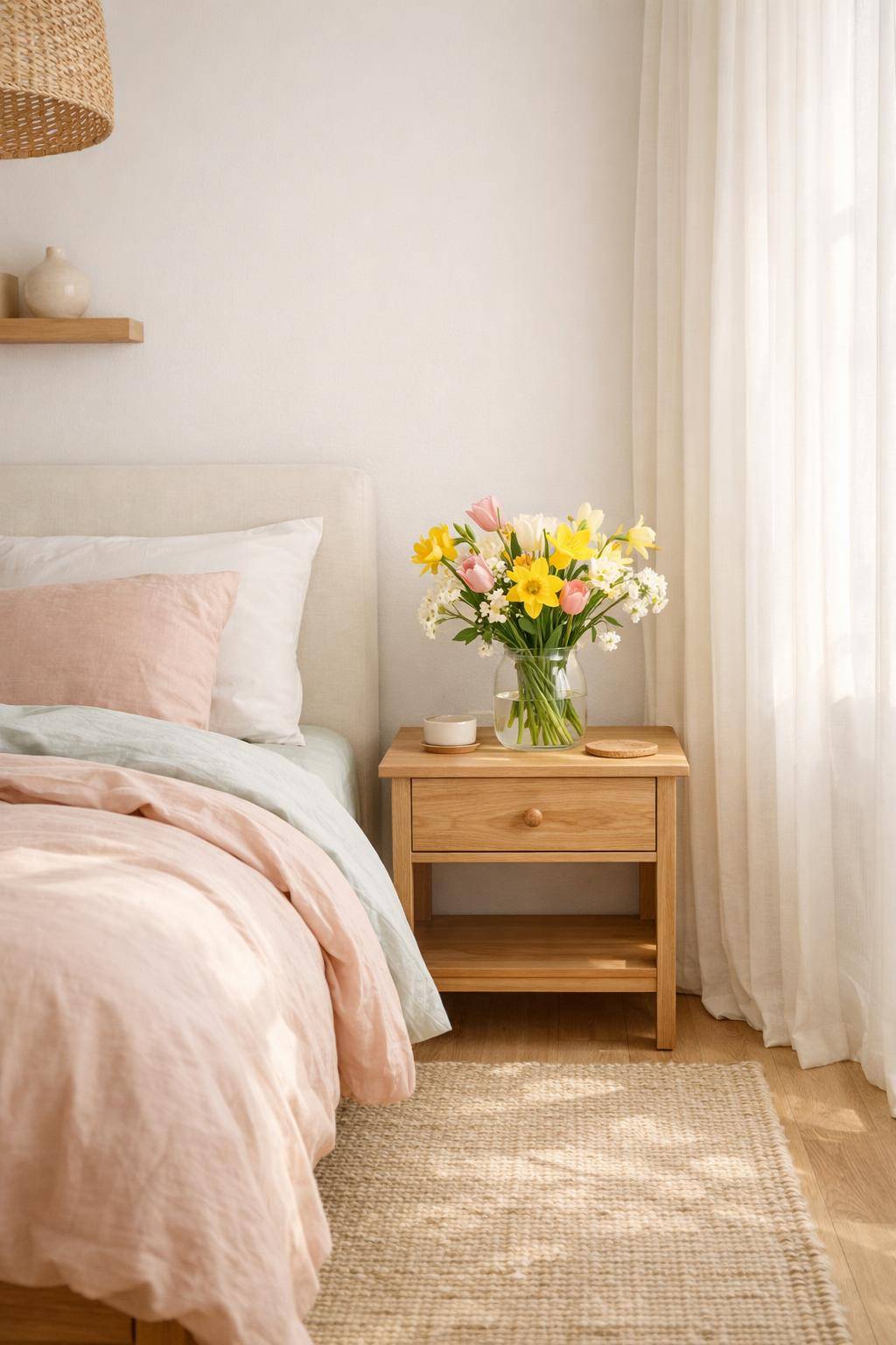 Frühlingsdeko-Ideen fürs Schlafzimmer-Bring frische Blumen auf den Nachttisch