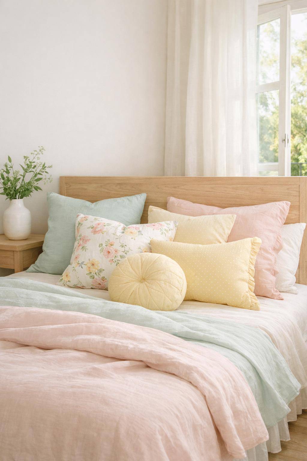 Frühlingsdeko-Ideen fürs Schlafzimmer- Arrangiere Dekokissen in zarten Tönen