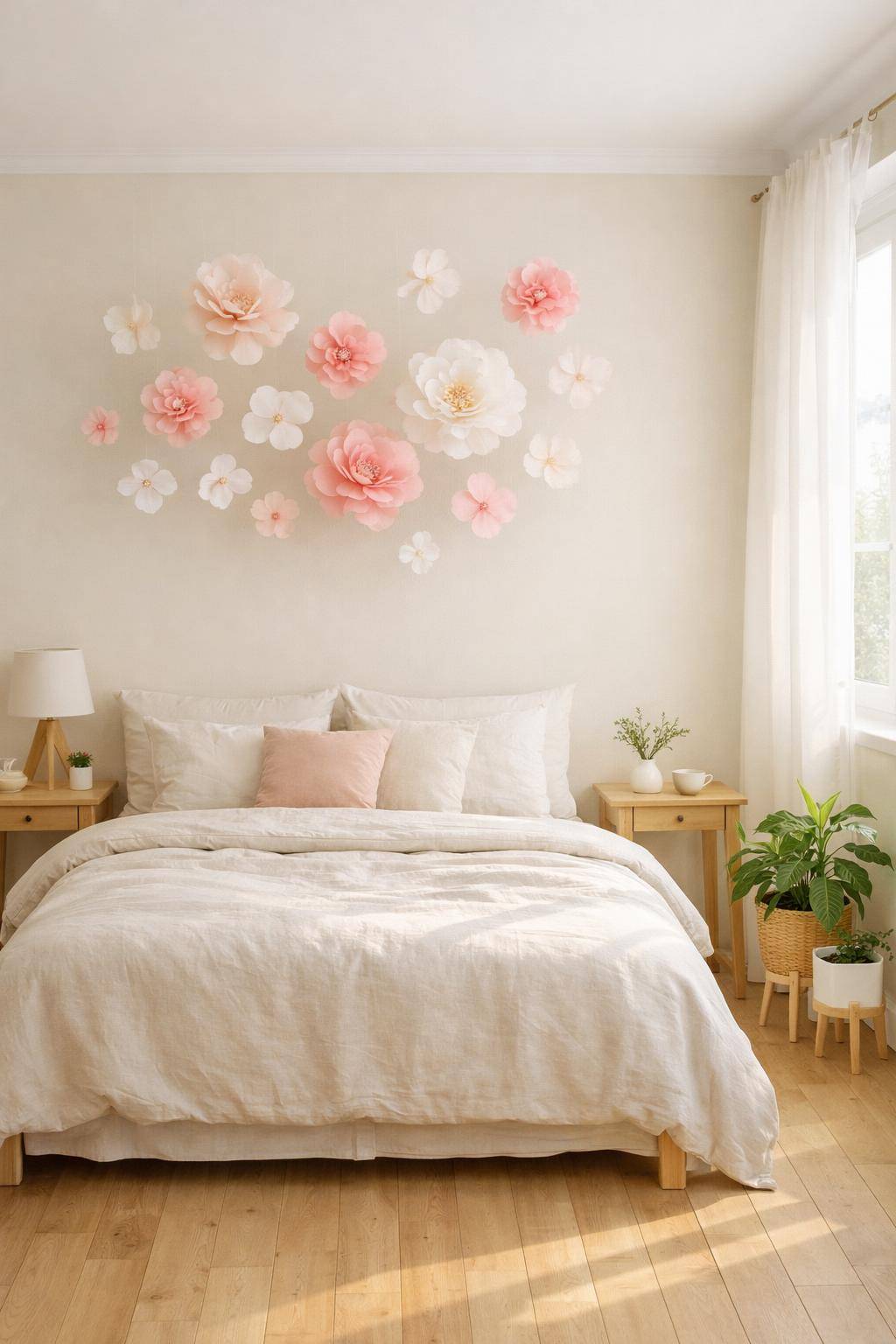 Frühlingsdeko-Ideen fürs Schlafzimmer- Befestige filigrane Papierblumen über dem Bett