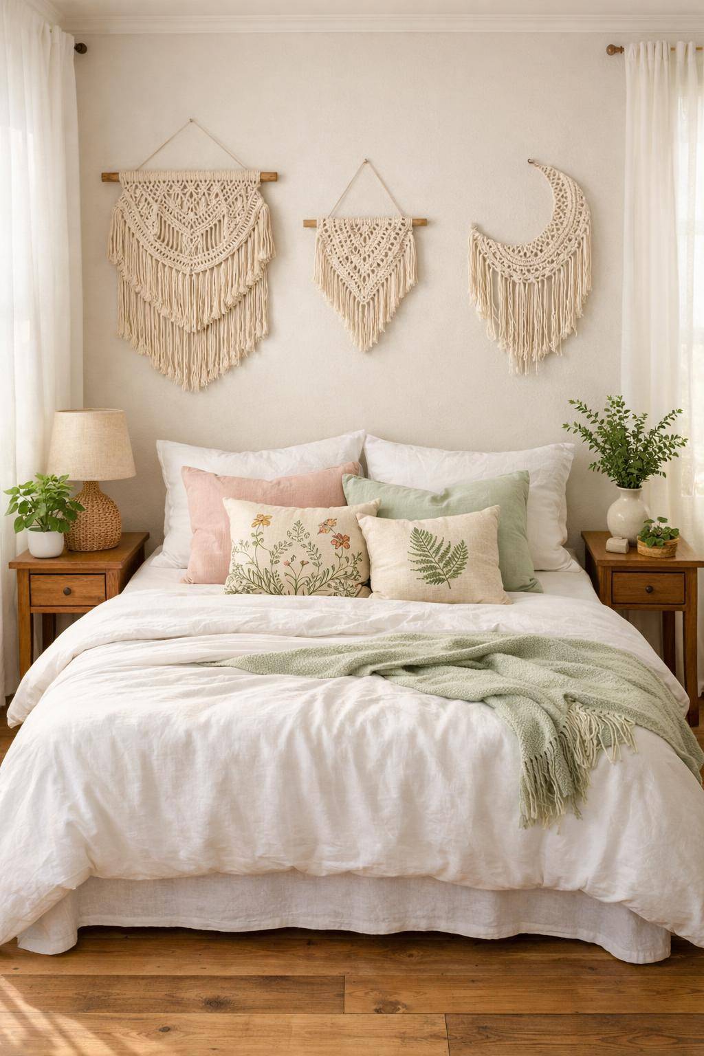 Frühlingsdeko-Ideen fürs Schlafzimmer- Hänge Makramee-Elemente an die Wand