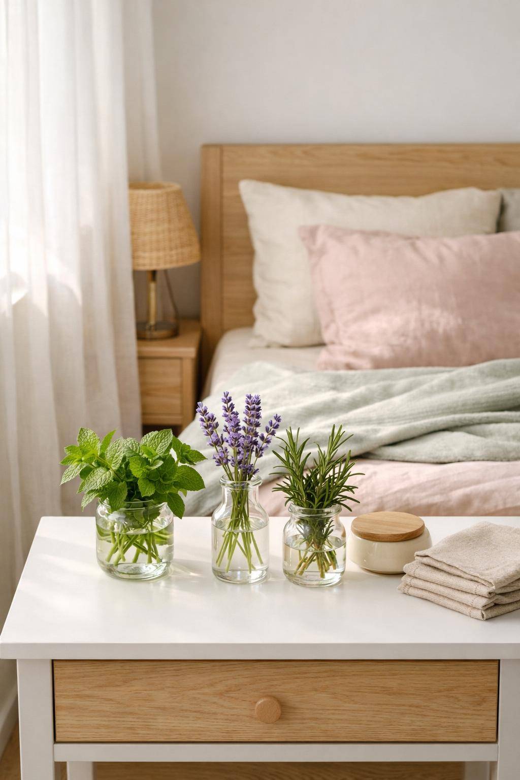 Frühlingsdeko-Ideen fürs Schlafzimmer- Integriere duftende Kräuter in kleine Vasen