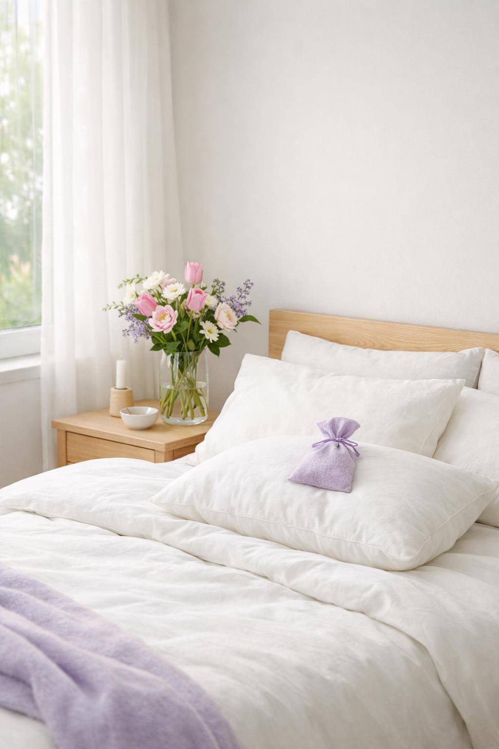 Frühlingsdeko-Ideen fürs Schlafzimmer- Lege einen duftenden Lavendelsack ins Bett