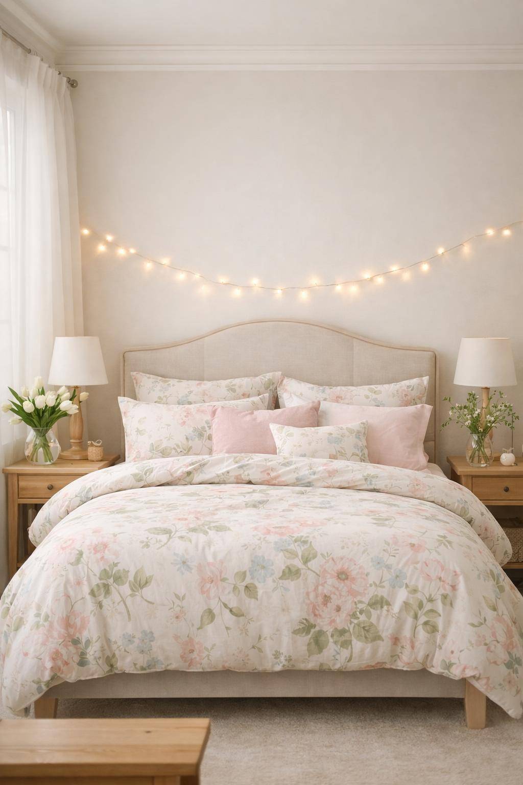 Frühlingsdeko-Ideen fürs Schlafzimmer- Nutze Lichterketten für sanftes Licht