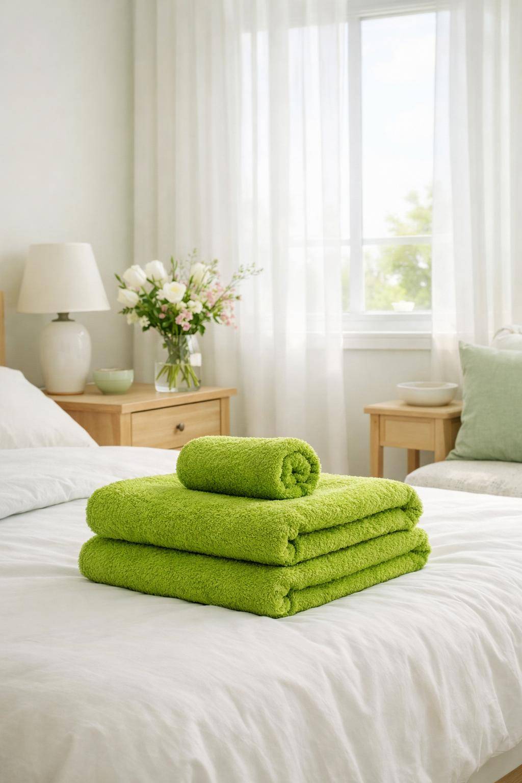 Frühlingsdeko-Ideen fürs Schlafzimmer- Präsentiere Handtücher in frischem Grün