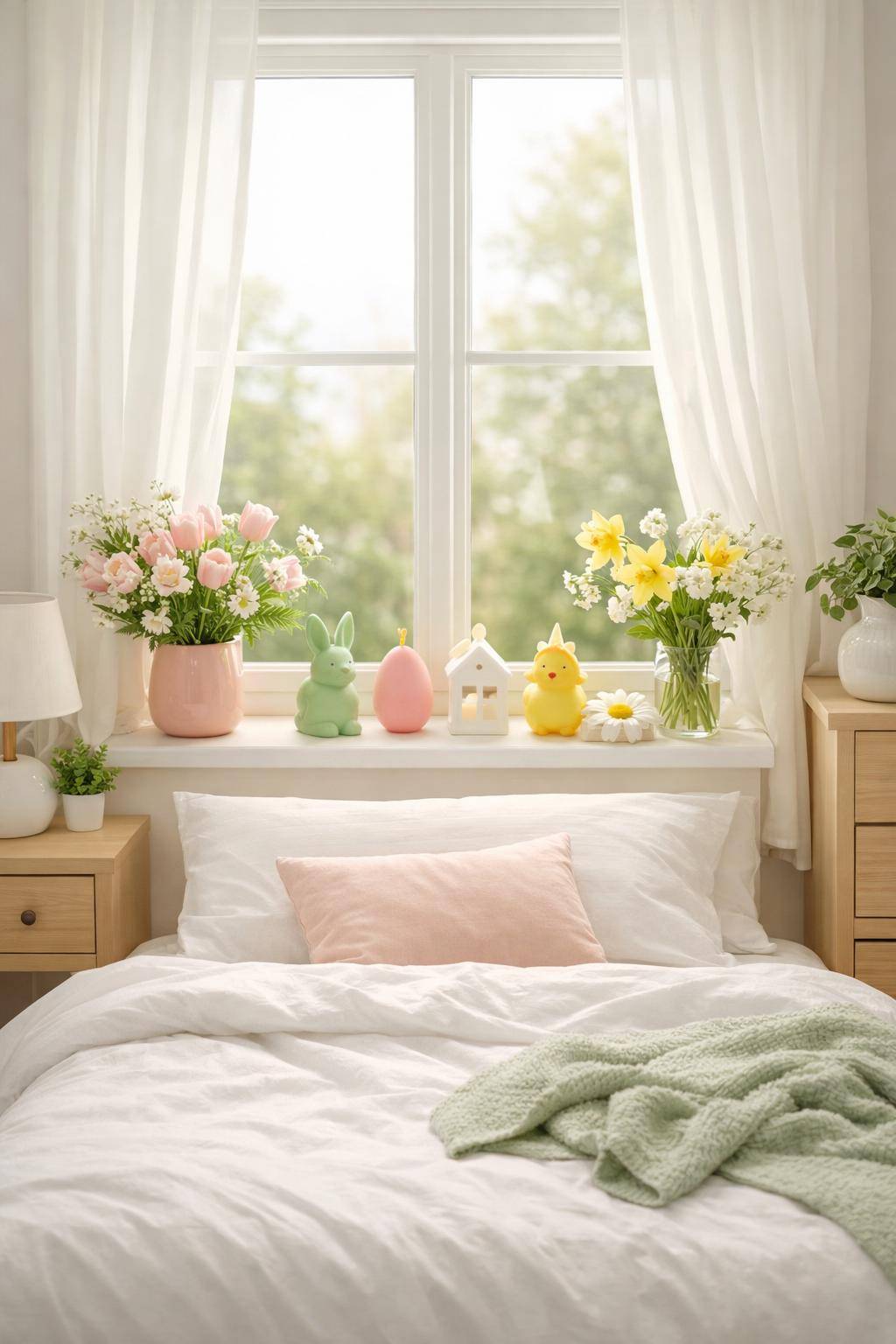Frühlingsdeko-Ideen fürs Schlafzimmer- Stelle Frühlingskerzen auf die Fensterbank