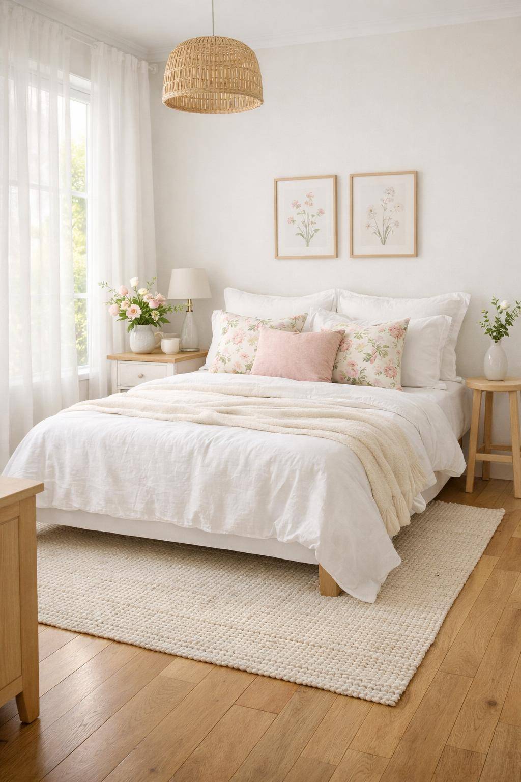 Frühlingsdeko-Ideen fürs Schlafzimmer- Tausche schwere Teppiche gegen helle Exemplare