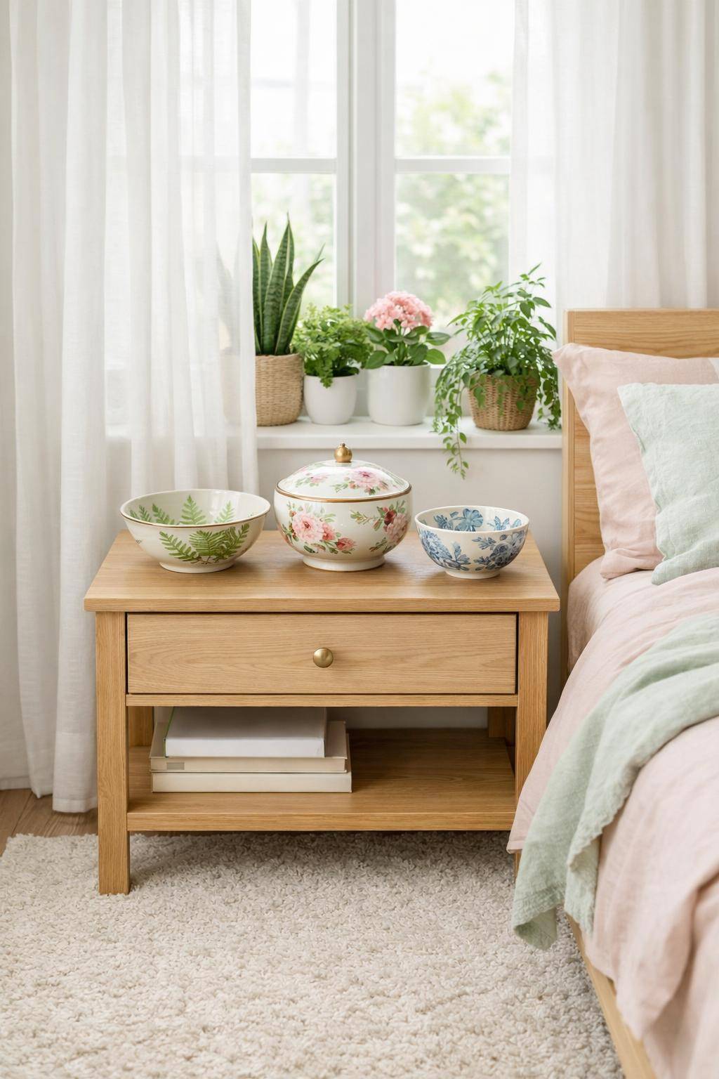 Frühlingsdeko-Ideen fürs Schlafzimmer- Wähle Dekoschalen mit Naturmotiven