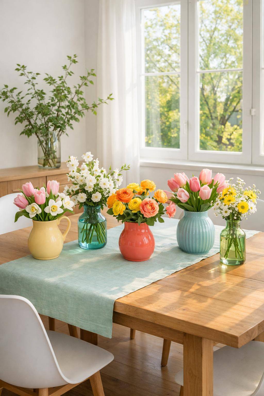 Frühlingsdeko im Esszimmer-Stelle frische Blumen in bunte Vasen