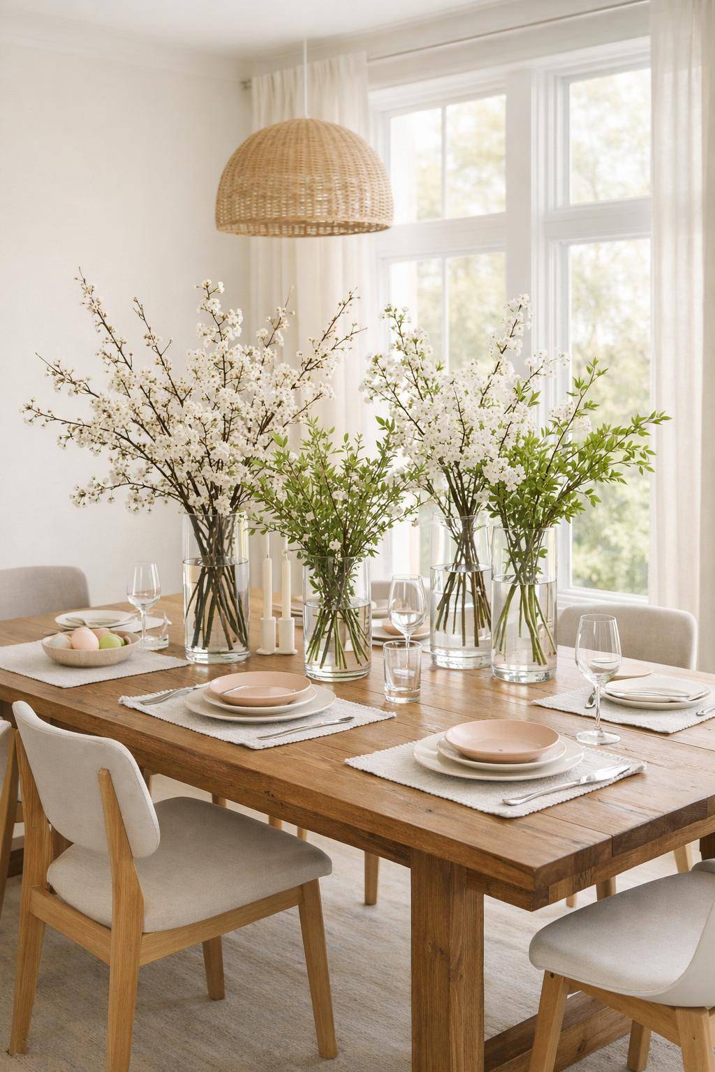 Frühlingsdeko im Esszimmer- Arrangiere frische Zweige in hohen Gläsern