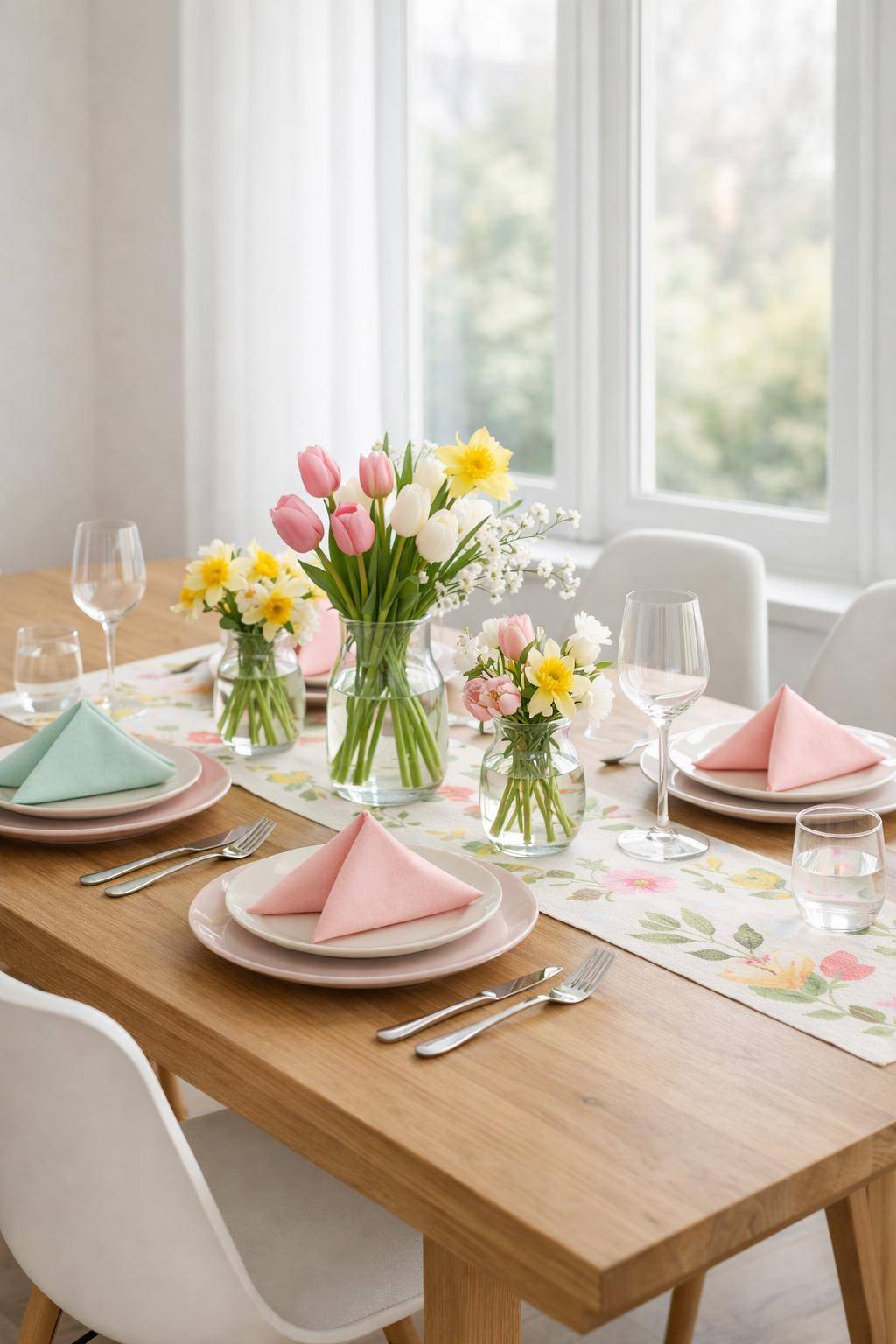 Frühlingsdeko im Esszimmer- Dekoriere den Tisch mit pastellfarbenen Servietten