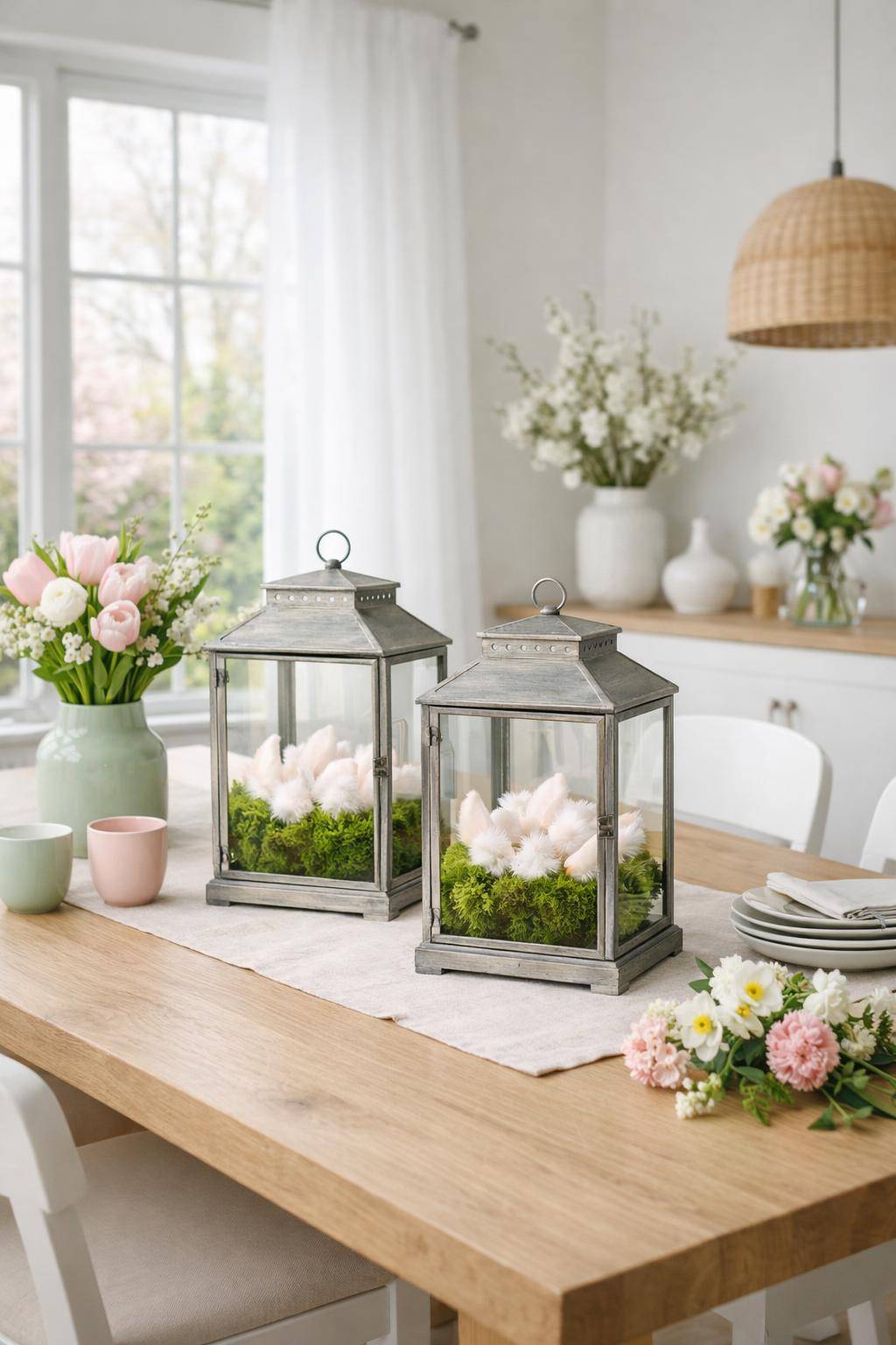 Frühlingsdeko im Esszimmer- Fülle Glaswindlichter mit Moos und Federn